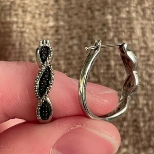 Sterling Silver Black Diamond Twist Hoop Earrings